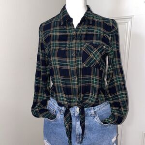 Guess Plaid Cropped Button Down Shirt Ties In Front Women, Black & Green Size XS